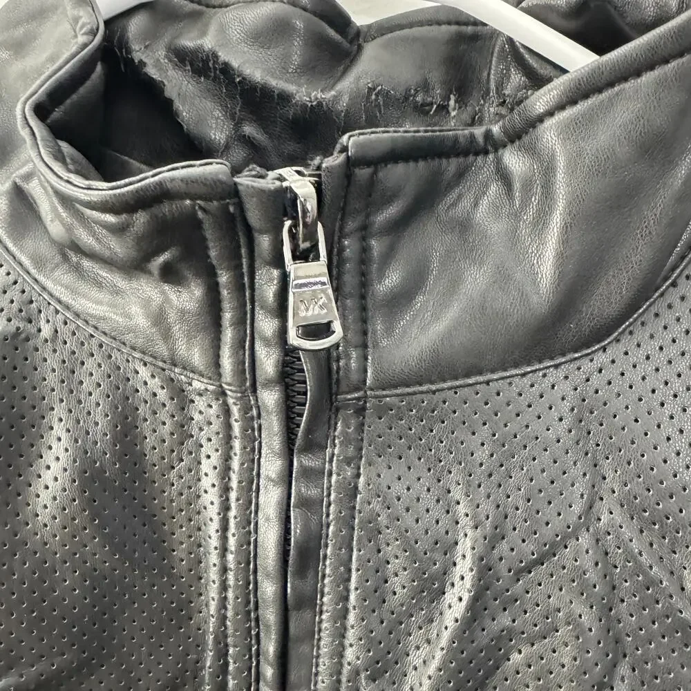 Michael Kors Men’s Black Faux Leather Jacket Size L Damage to Neck Area